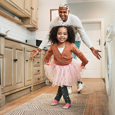 Buy stock photo Child, parent ballet dance and portrait of a girl and father together bonding with dancing in the kitchen. Home, kid and dad with love and care in a house playing a dancer game for children fun