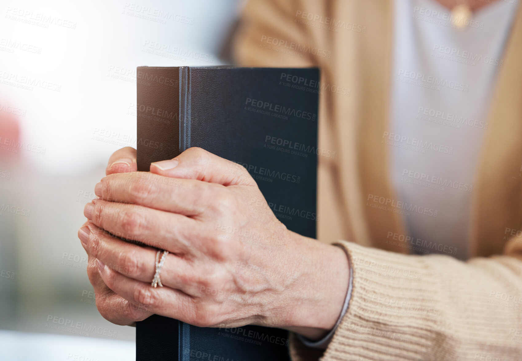 Buy stock photo Bible book, prayer or hands of old woman for holy worship, support or hope in Christianity or faith. Believe, zoom or catholic senior person studying or learning God in spiritual text in religion