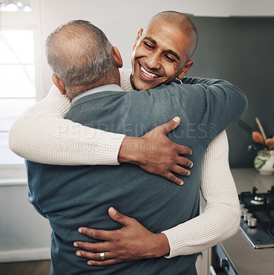 Buy stock photo Family, hug or son with senior father for Fathers Day love, home bond or embrace in modern kitchen. Smile, happiness or support care from Mexico dad, papa or man in emotional reunion with male in law