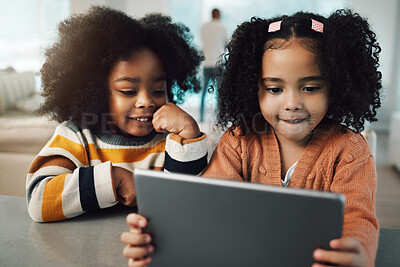 Buy stock photo Sisters, children and girls smile with tablet in home, playing games and bonding together. Technology, family and happy mixed race kids with touchscreen for elearning, streaming movie or web browsing