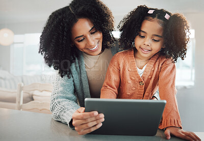 Buy stock photo Tablet, happy family mother and kid online e learning, remote education or child development on home school technology. Elearning study, parent and youth kindergarten student with knowledge software
