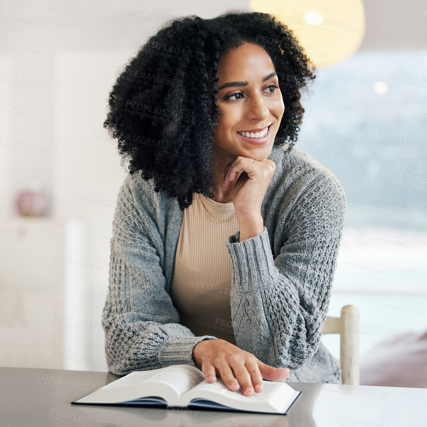 Buy stock photo Happy woman, bible book or thinking of hope, motivation or ideas in Christianity religion or holy faith. Thoughtful smile, prayer or girl studying or worshipping God in spiritual literature at home