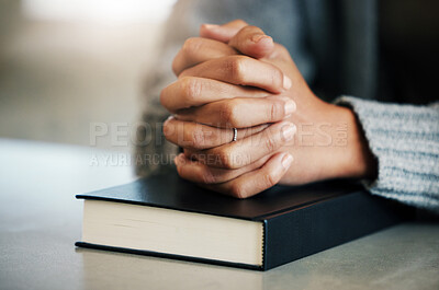 Buy stock photo Bible book, person or hands praying for hope, help or support in Christianity religion or holy faith on table. Believe, prayer or woman studying or worshipping God in spiritual literature at home