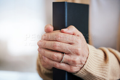 Buy stock photo Bible book, worship or hands of old woman for holy prayer, support or hope in Christianity or faith. Believe, zoom or catholic senior person praying to God in spiritual text in religion or home