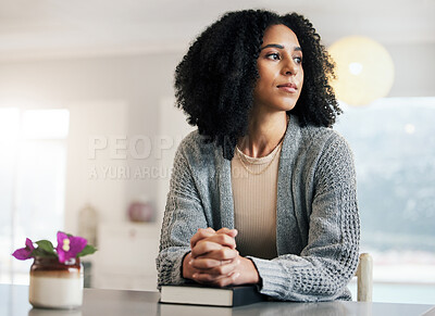 Buy stock photo Woman thinking, bible book or praying for hope, help or support in Christianity religion or holy faith. Thoughtful, prayer or girl studying, dream or worshipping God in spiritual literature at home