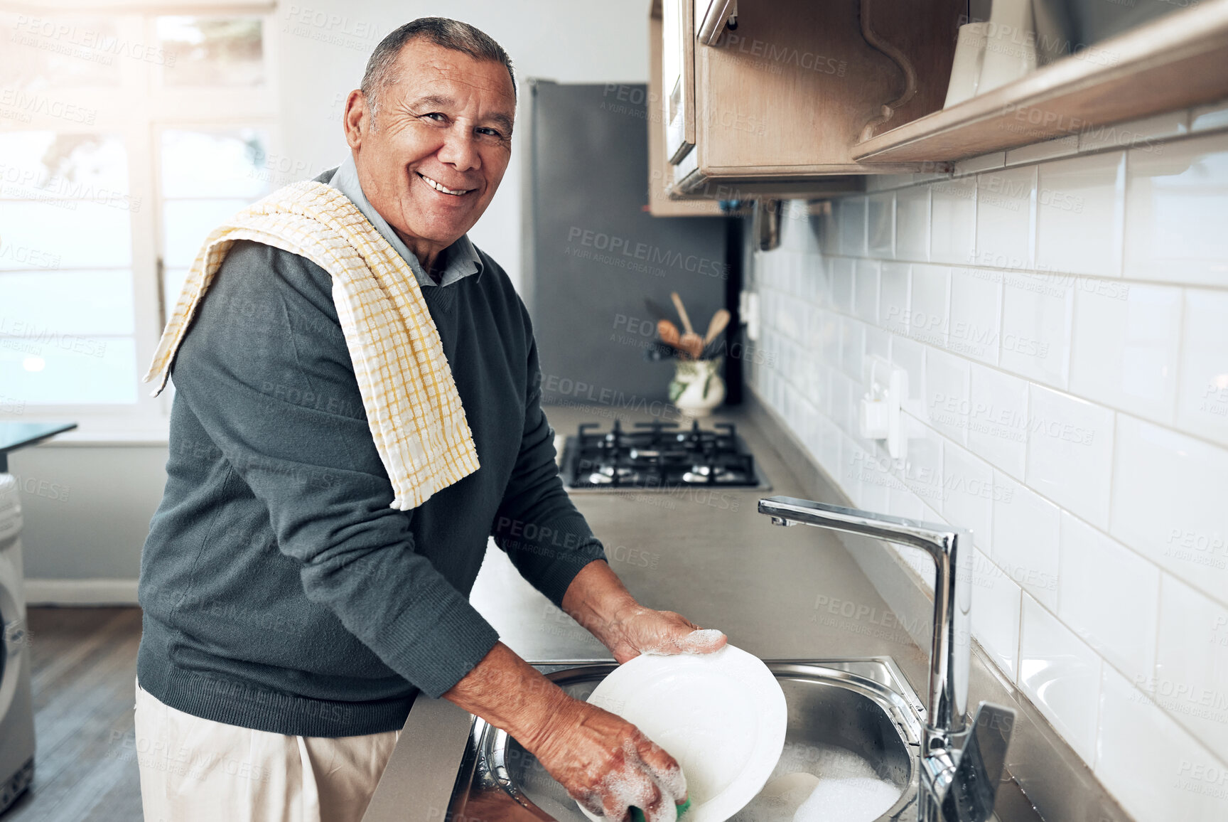 Buy stock photo Cleaning, washing dishes or portrait of happy old man with soap water in kitchen sink in healthy home. Dirty, smile or senior male with liquid foam to disinfect, protect or prevent bacteria or germs