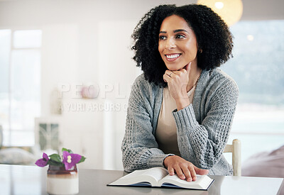 Buy stock photo Smile of woman, bible book or thinking of hope, motivation or ideas in Christianity religion or holy faith. Happy home, prayer or thoughtful girl studying or worshipping God in spiritual literature 