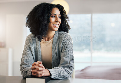 Buy stock photo Thinking happy woman, bible book or praying for hope, help or support in Christianity religion or holy faith. Smile, prayer or girl studying, dream or worshipping God in spiritual literature at home