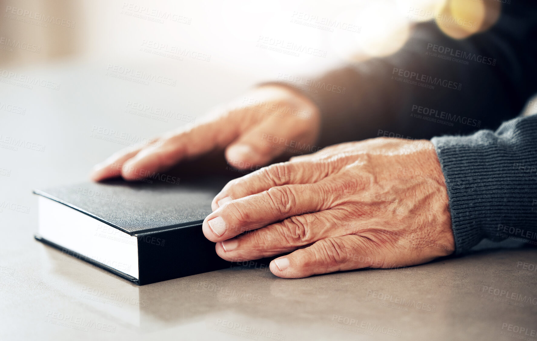 Buy stock photo Bible book, worship or hands of old man for holy prayer, support or hope in Christianity or faith. Believe, zoom or catholic senior person praying to God in spiritual literature in religion or belief