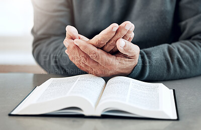Bible, reading book or old man praying for hope, help or support in Christianity religion or holy faith. Believe, prayer or senior person studying or worshipping God in spiritual literature at home