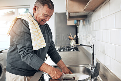 Buy stock photo Cleaning, washing dishes or happy old man with soap and water in the kitchen sink in healthy home. Dirty, messy or senior person with liquid foam to disinfect, protect and prevent bacteria or germs