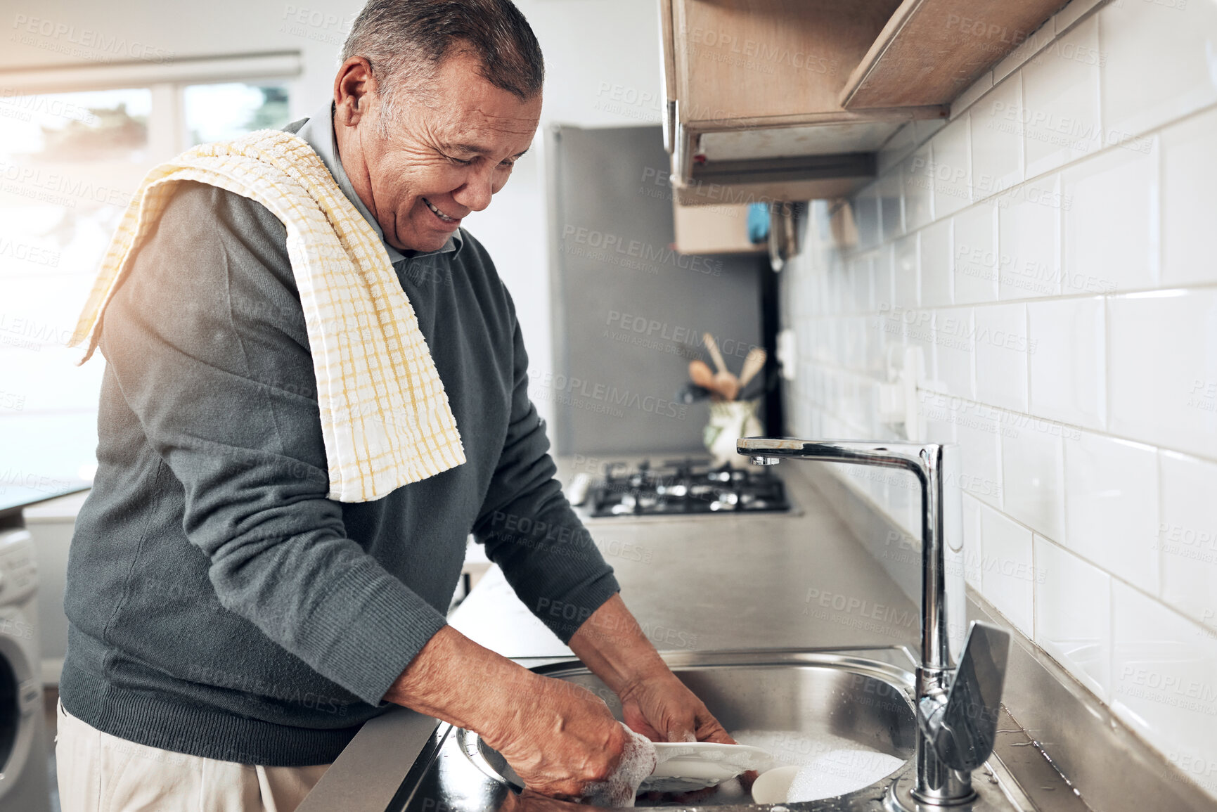 Buy stock photo Cleaning, washing dishes or happy old man with soap and water in the kitchen sink in healthy home. Dirty, messy or senior person with liquid foam to disinfect, protect and prevent bacteria or germs