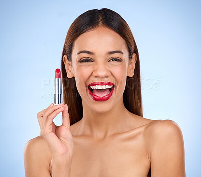 Buy stock photo Beauty, red lipstick smile and makeup or woman portrait in studio for skincare or cosmetic promotion. Female model laughing on a blue background for self care, facial glow and skin with product color