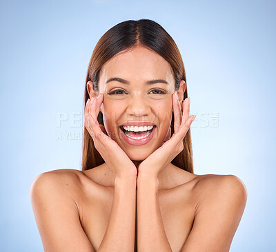 Buy stock photo Skincare, beauty and cosmetics, portrait of happy woman with smile for anti aging or skin glow promo on blue background. Makeup, facial massage and face of model with dermatology promotion in studio.