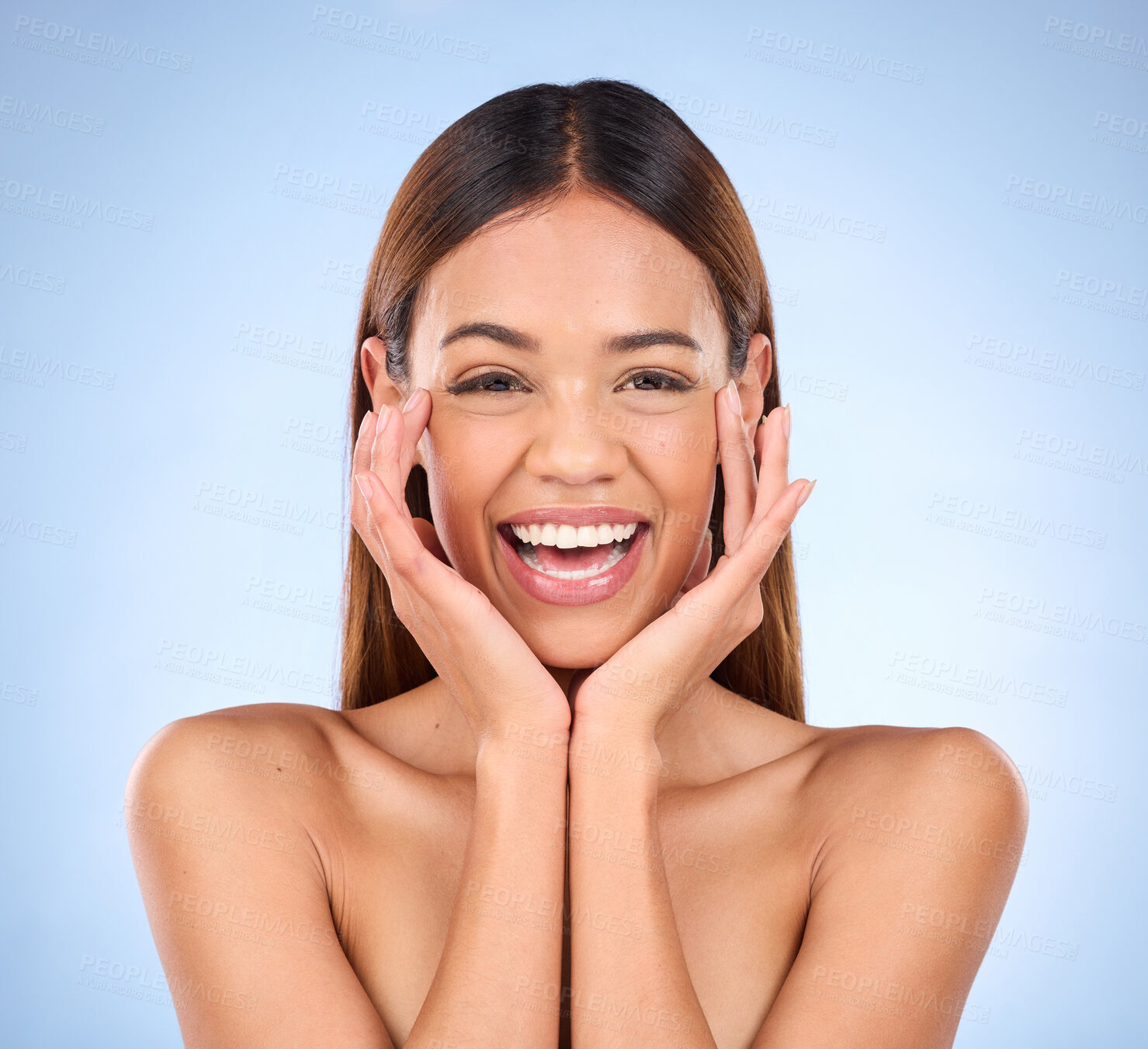 Buy stock photo Skincare, beauty and cosmetics, portrait of happy woman with smile for anti aging or skin glow promo on blue background. Makeup, facial massage and face of model with dermatology promotion in studio.