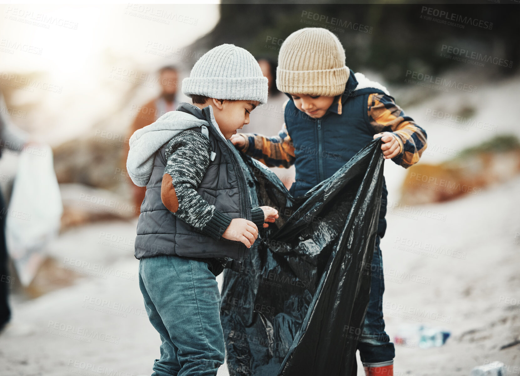 Buy stock photo Recycling, environment and children with plastic bags, beach and sustainability for climate change project. Friends, kids and volunteers reduce waste, child development and teamwork for pollution