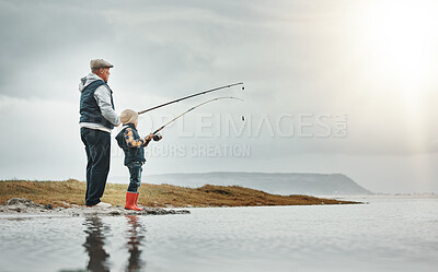 Buy stock photo Lake, nature and grandfather fishing with a child learning on an adventure, holiday or weekend trip. Hobby, outdoor and elderly man teaching kid to catch fish on a vacation by a river with mockup