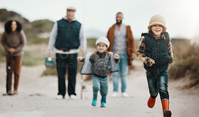Running, excited and family at the beach for fishing, hobby and weekend activity. Carefree, freedom and children, parents and grandparents playing by the ocean and ready to catch fish for recreation