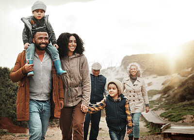Buy stock photo Family hiking outdoor, together with nature and happiness, bonding and spending quality time with fitness and generations. Grandparents, parents and children walking, love and care with happy people