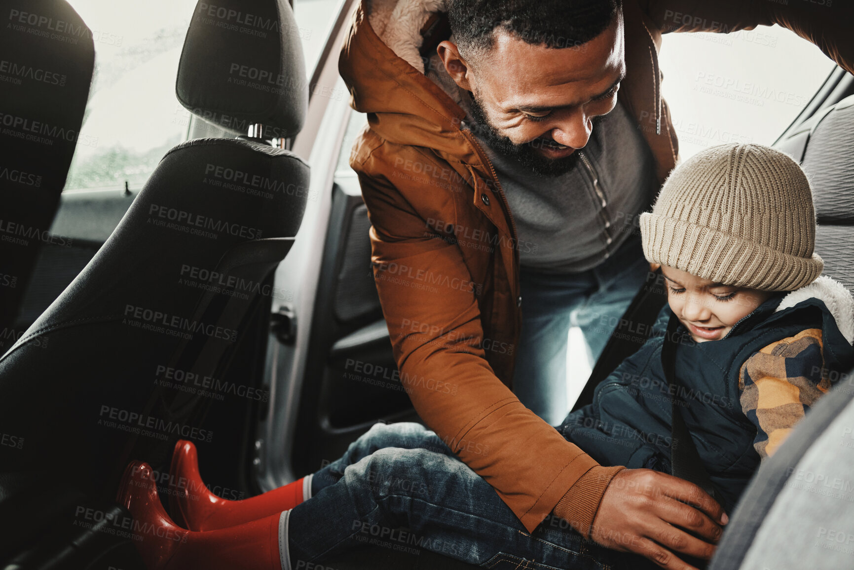 Buy stock photo Father, help or child with seat belt for safety traveling on vacation, road trip or holiday in car together. Transportation, dad or happy parent with young kid or boy in vehicle for family weekend 
