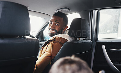 Buy stock photo Road trip, car driver portrait and happy man on travel adventure for family bonding, wellness and freedom. Motor vehicle, driving van and father smile on transportation journey, holiday or vacation