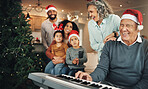 Christmas, happy family and senior man on piano in living room for celebration, song and bond in their home. Music, instrument and retired pianist performing for kids and parents on festive holiday