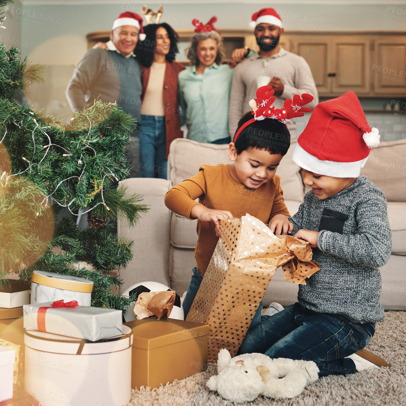 Buy stock photo Christmas, excited and children opening gifts, looking at presents and boxes together. Smile, festive and kids ready to open a gift, or present under the tree for celebration of a holiday at home