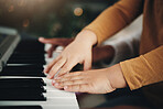 Learning, piano and hands of a child and parent playing a song together. Education, music and zoom of a kid with a dad teaching an instrument during a musical lesson, help and showing to play