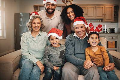 Buy stock photo Christmas, big family and portrait smile on sofa in living room  in home, bonding and care. Xmas, laughing and happy grandmother, grandfather and parents with boys or children enjoying holiday time.