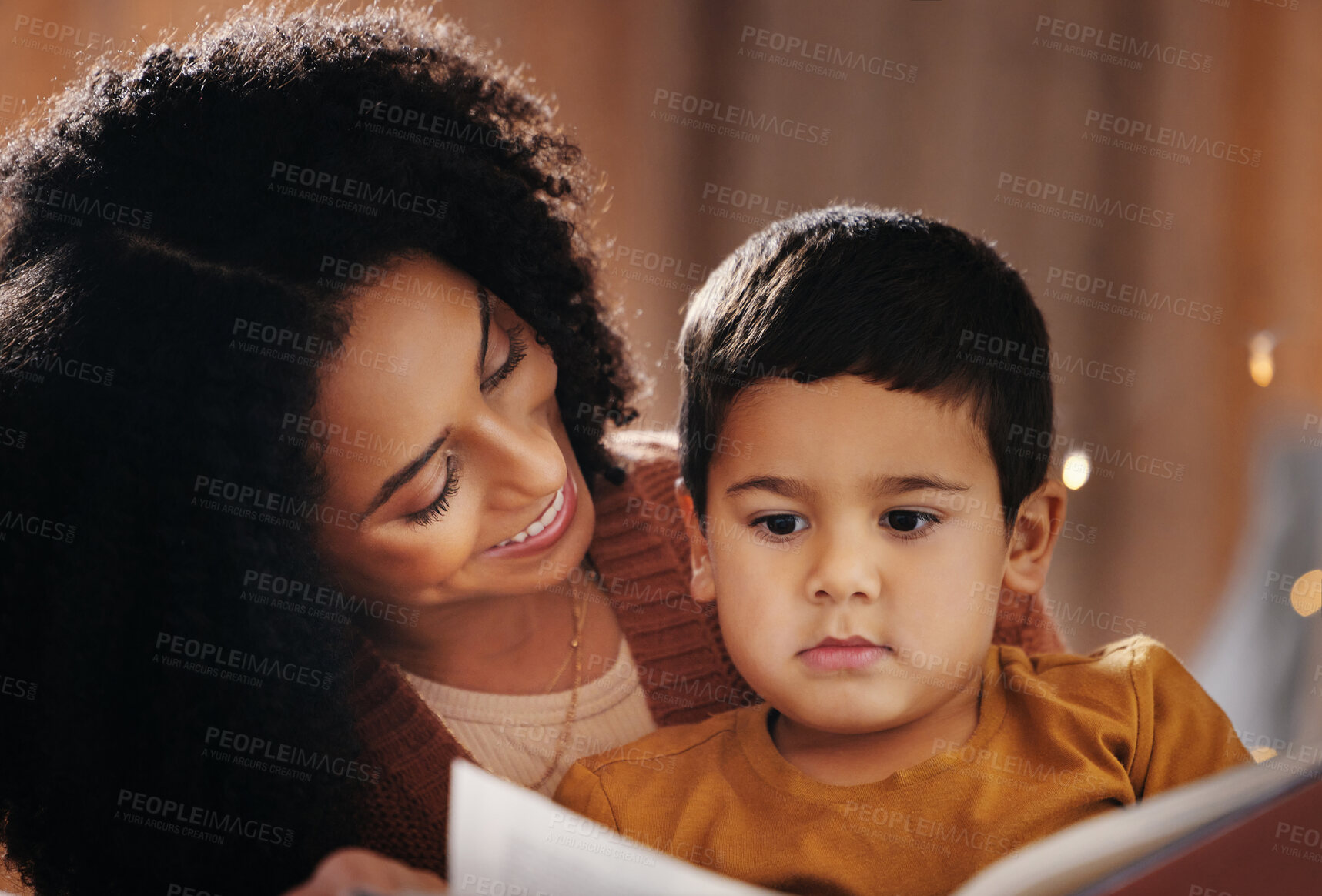 Buy stock photo Night, book and mother with child in bedroom for bedtime storytelling, fairytale and education. Reading, happiness and smile with boy listening to woman at home for learning, creative and literature