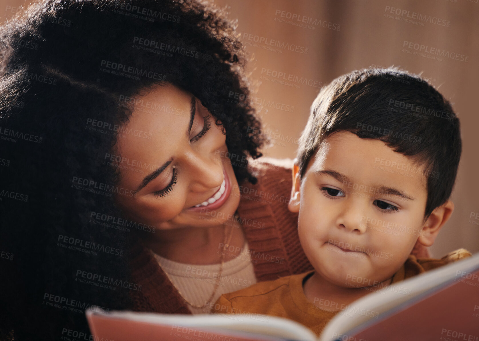 Buy stock photo Night, happy and mother with child and book for bedtime storytelling, fairytale and education. Relax, reading and smile with boy listening to woman at home for learning, creative and literature