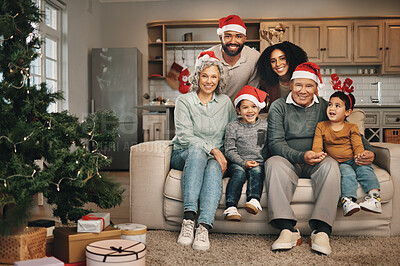 Buy stock photo Christmas, portrait and family in lounge, quality time and happiness for bonding, loving and cheerful. Face, grandparents and mother with father, siblings or children with joy, Xmas or festive season