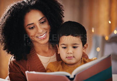 Buy stock photo Night, book and mother with child reading for bedtime storytelling, fairytale and education. Relax, happiness and smile with boy listening to woman at home for learning, creative and literature