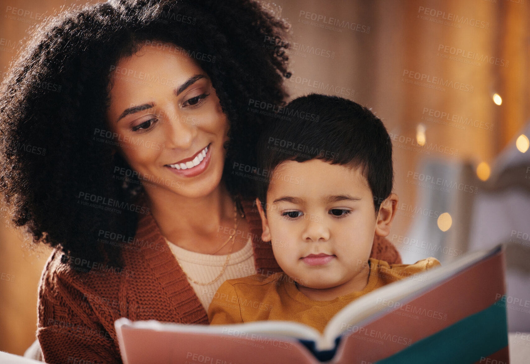 Buy stock photo Night, book and mother with child reading for bedtime storytelling, fairytale and education. Relax, happiness and smile with boy listening to woman at home for learning, creative and literature