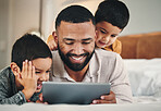 Dad, boy kids and bed with tablet for bonding, love and streaming movie on web app with happiness. Man, children and bedroom in family home with touchscreen for game, e learning and relax together