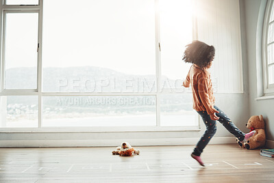 Buy stock photo Hopscotch, happy and girl play in home having fun, enjoying games and relaxing in bedroom. Childhood mockup, entertainment and girl with copy space  playing, jumping and balance for numbers activity