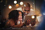 Night, tablet and relax with father and daughter in blanket tent for connection, happy and streaming cartoon. Smile, app and fairy lights with man and girl at home for education, internet and online