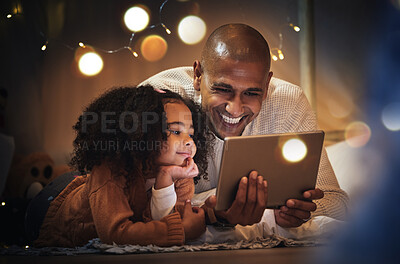 Buy stock photo Night, tablet and relax with father and daughter in blanket tent for connection, happy and streaming cartoon. Smile, app and fairy lights with man and girl at home for education, internet and online