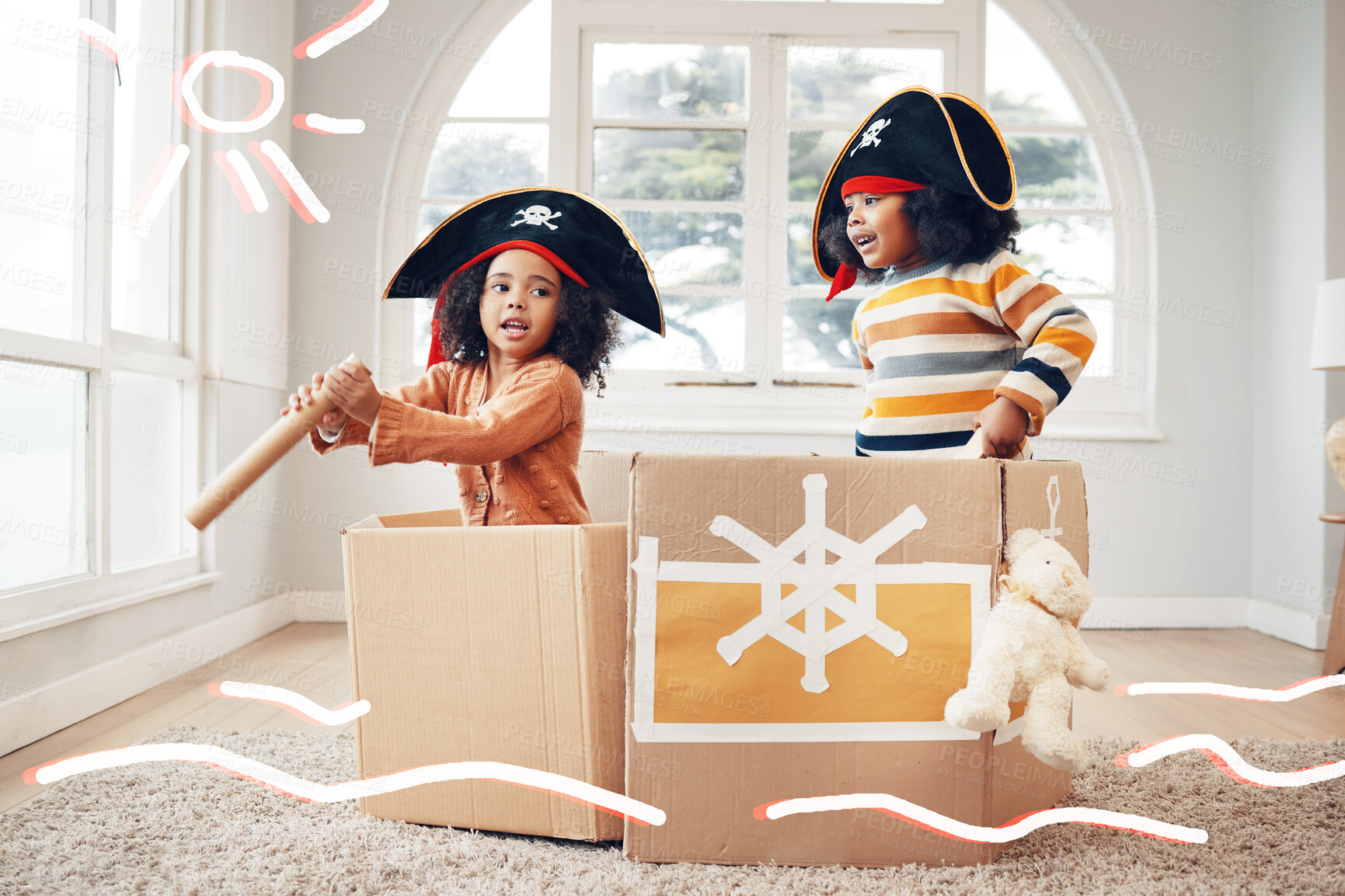 Buy stock photo Pirate, box and children playing fantasy game in home living room with costume, telescope or ship. Black boy and girl or kids together for creative play illustration and boat to sail for development