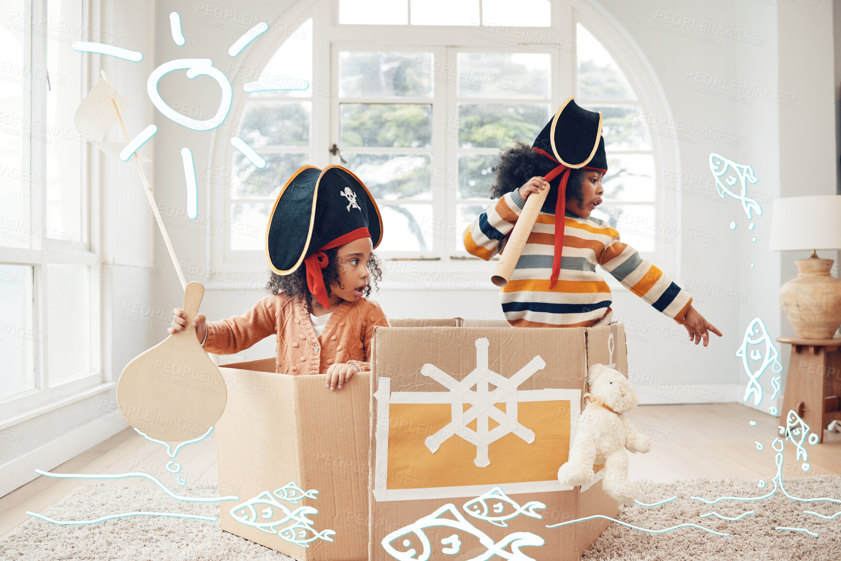 Buy stock photo Play, box ship or pirate children point at fantasy fish, role play, or pretend in cardboard container. Boat trip, fun home game or sailing black kids on Halloween cruise journey with yacht captain