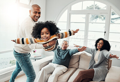 Buy stock photo Airplane, father and girl in lounge, family an playing with love, quality time and cheerful together. Portrait, happy dad lifting daughter and granddad with mother, joyful and games in living room