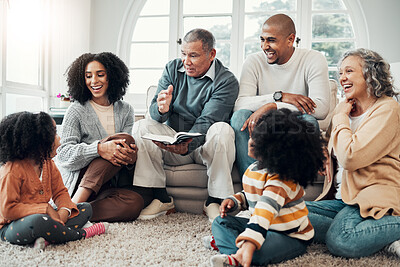 Buy stock photo Family relax, wow with fantasy and reading book, grandparents with parents and kids at home for storytelling. Surprise, shock and imagine, generations and happy people with novel, bonding and love