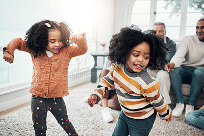 Buy stock photo Children dancing, living room and happy family with parents, grandparents or love for comic smile in home. Kids, men and women for dance, care and happiness for brother, sister or together on holiday