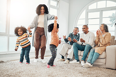 Buy stock photo Happy family, playing and mother having fun with children in a home in winter and bonding together in a vacation house. Parents, grandparents and mom play with kid during a holiday getaway