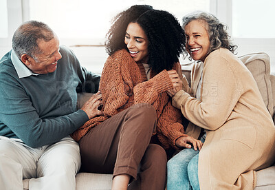 Buy stock photo Family, playful and a black woman at her parents home for a visit while bonding on a sofa in the living room together. Love, relax and a senior father tickling his daughter while having fun