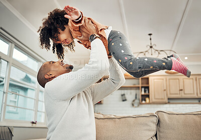 Buy stock photo Love, father and girl in air, quality time and happiness in living room, carefree and bonding together. Family, parent and dad with female child, daughter or kid playing, airplane or loving in lounge