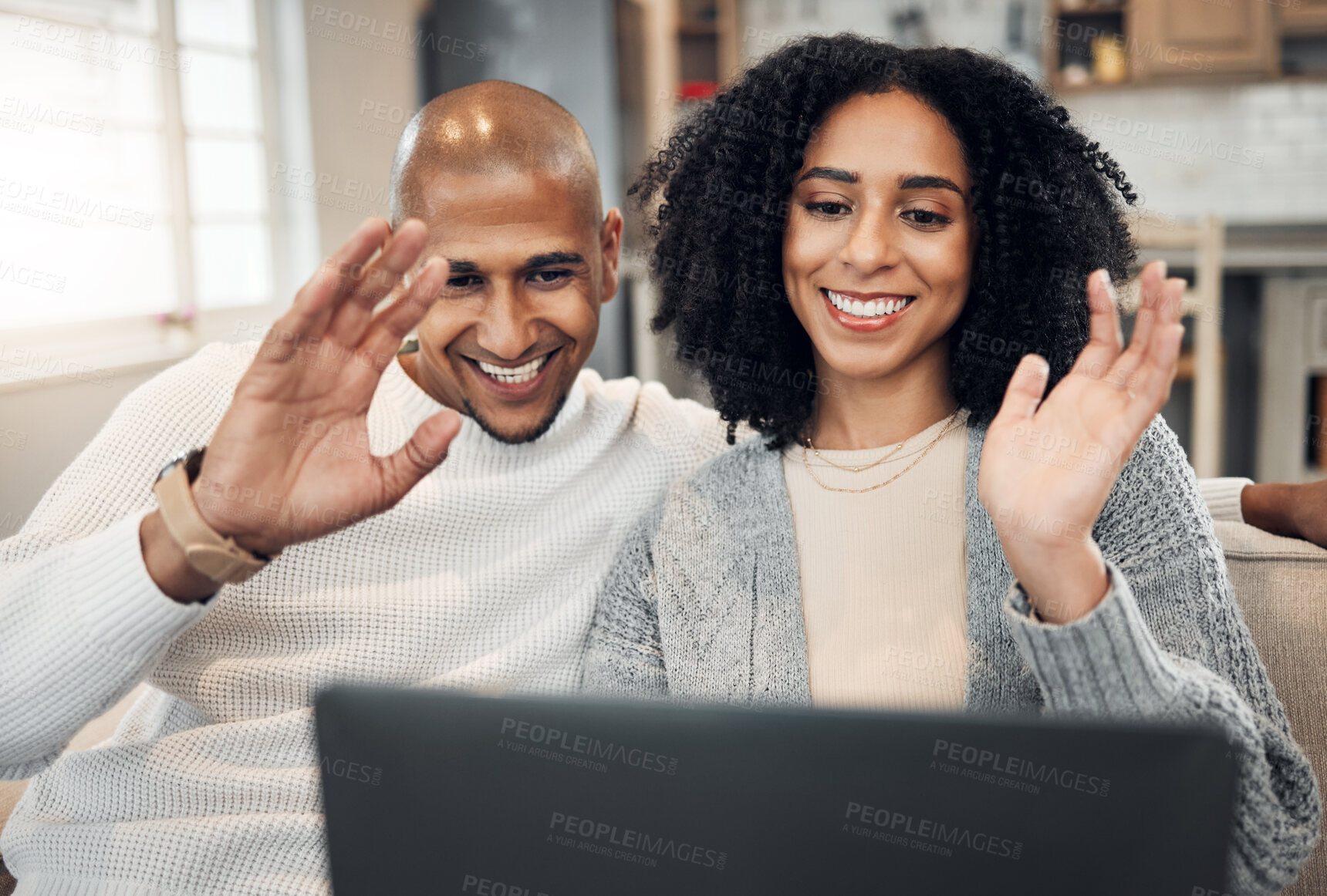 Buy stock photo Couple wave, laptop and video call, communication and happy people at home, technology and virtual chat. Internet, connection and network, man and woman relax in living room with online conversation