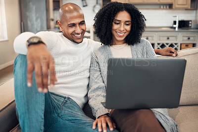 Buy stock photo Happy couple, watch video on internet with laptop and streaming with network, smile and relax in living room. Subscription, connectivity and wifi with technology, people at home together on sofa