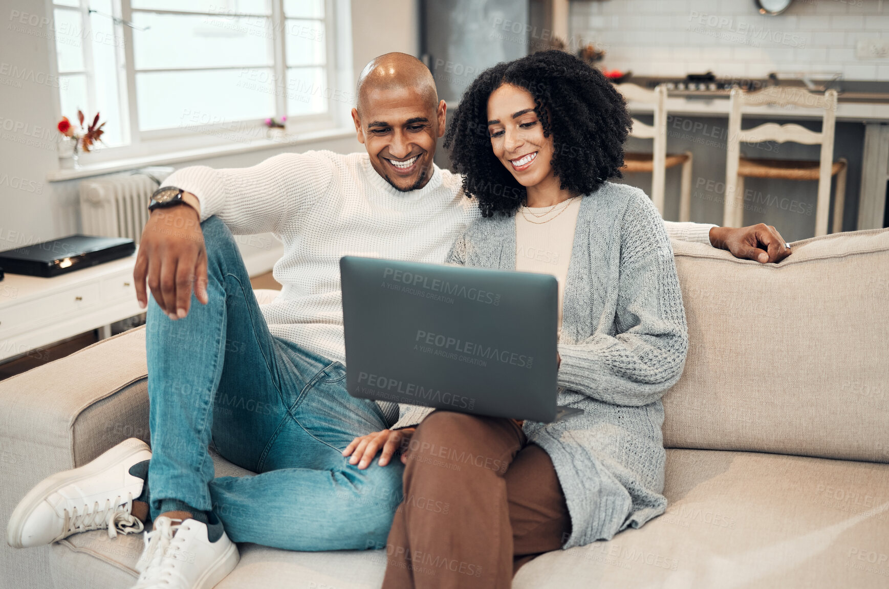 Buy stock photo Happy couple, watch movie online with laptop and streaming with network, smile and relax in living room. Subscription, internet connectivity and wifi with technology, people at home together on sofa