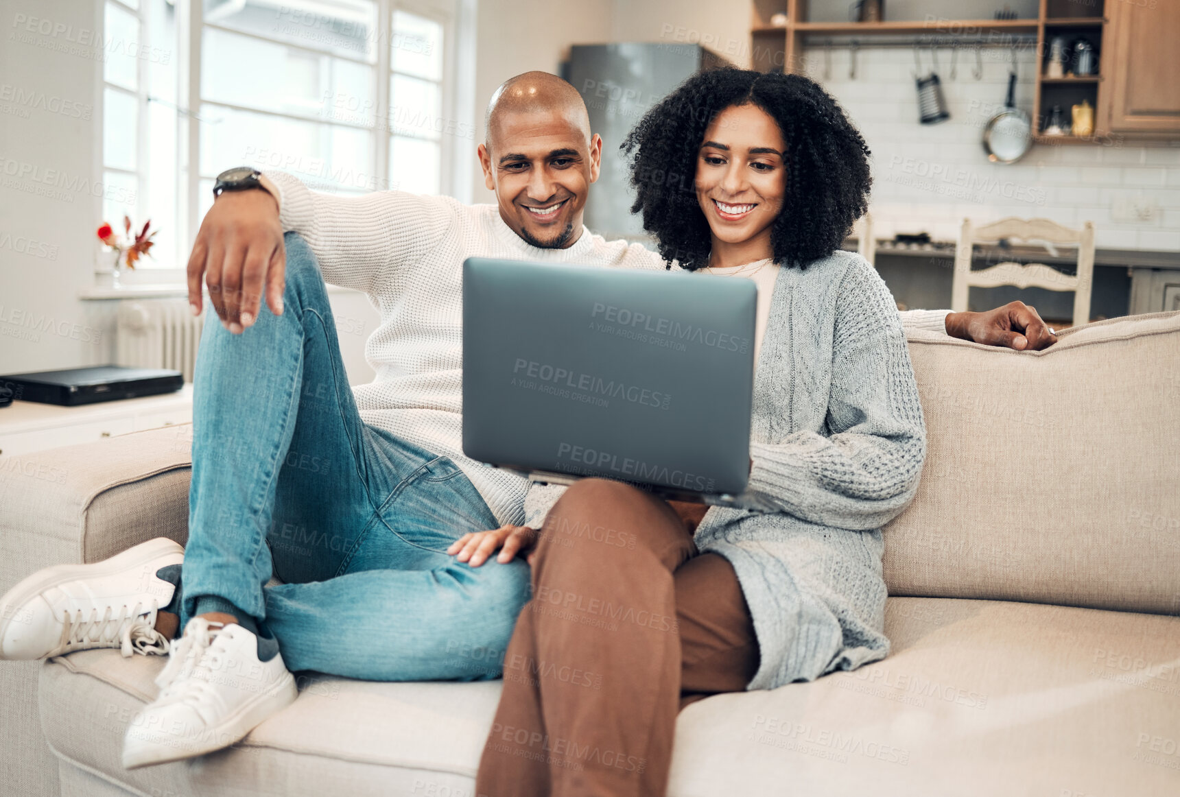 Buy stock photo Happy couple, watch film online with laptop and streaming with network, smile and relax in living room. Subscription, internet connectivity and wifi with technology, people at home together on sofa